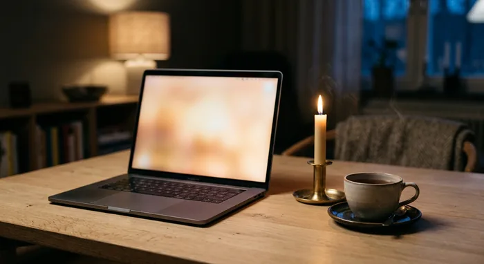 En laptop som lyser svagt i ett vardagsrum på kvällen, bredvid ett tänt ljus