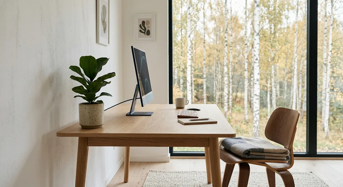 Ett litet skandinaviskt kontorshörn med skrivbord, grön växt och björkar utanför fönstret