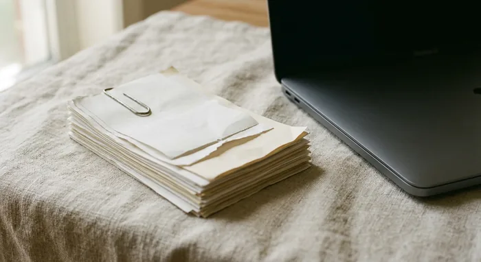 En bunt kvitton och fakturor med gem, bredvid en stängd laptop